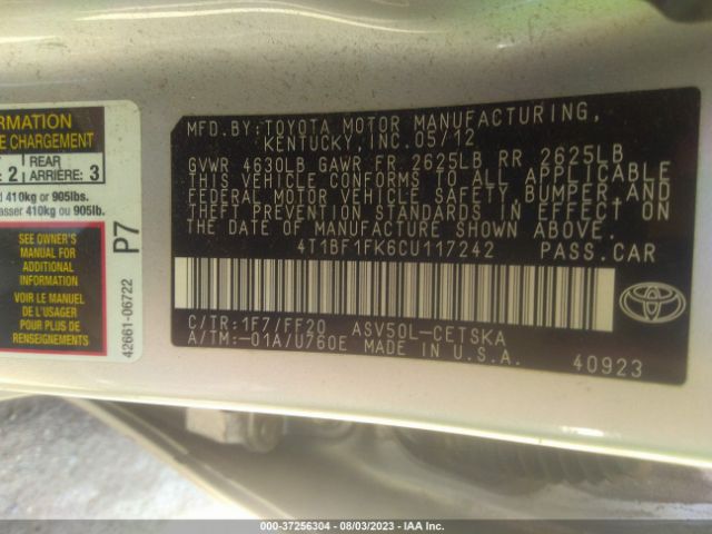 Photo 8 VIN: 4T1BF1FK6CU117242 - TOYOTA CAMRY 