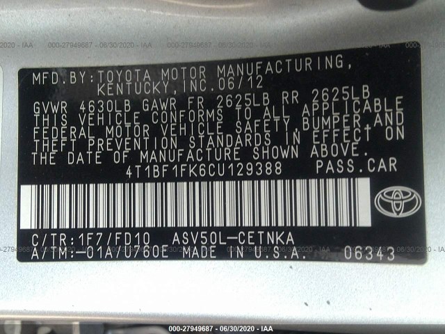 Photo 8 VIN: 4T1BF1FK6CU129388 - TOYOTA CAMRY 