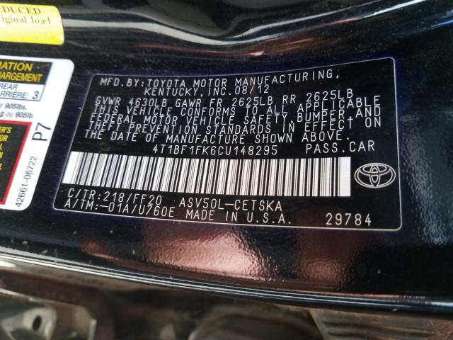 Photo 9 VIN: 4T1BF1FK6CU148295 - TOYOTA CAMRY BASE 