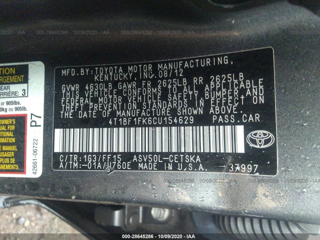 Photo 8 VIN: 4T1BF1FK6CU154629 - TOYOTA CAMRY 