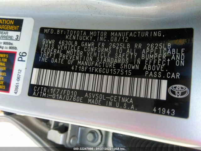 Photo 8 VIN: 4T1BF1FK6CU157515 - TOYOTA CAMRY 