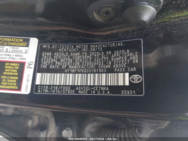 Photo 8 VIN: 4T1BF1FK6CU167963 - TOYOTA CAMRY 