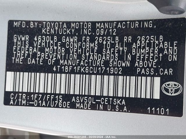 Photo 8 VIN: 4T1BF1FK6CU171902 - TOYOTA CAMRY 