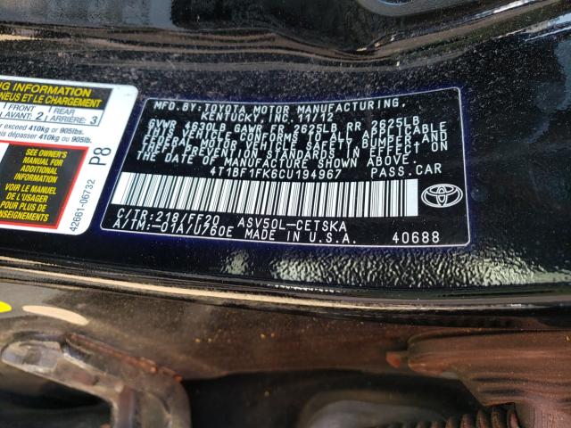 Photo 9 VIN: 4T1BF1FK6CU194967 - TOYOTA CAMRY BASE 