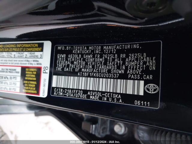 Photo 8 VIN: 4T1BF1FK6CU203537 - TOYOTA CAMRY 