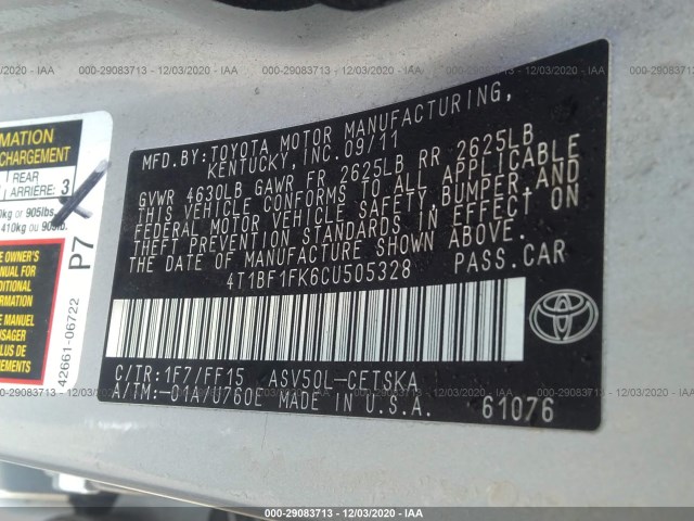 Photo 8 VIN: 4T1BF1FK6CU505328 - TOYOTA CAMRY 