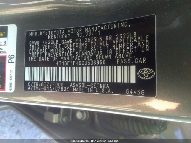 Photo 8 VIN: 4T1BF1FK6CU506950 - TOYOTA CAMRY 