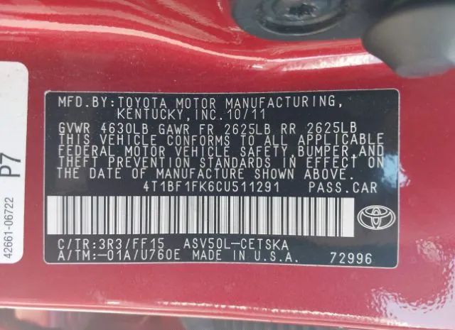 Photo 8 VIN: 4T1BF1FK6CU511291 - TOYOTA CAMRY 