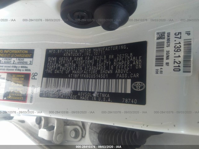 Photo 8 VIN: 4T1BF1FK6CU514501 - TOYOTA CAMRY 