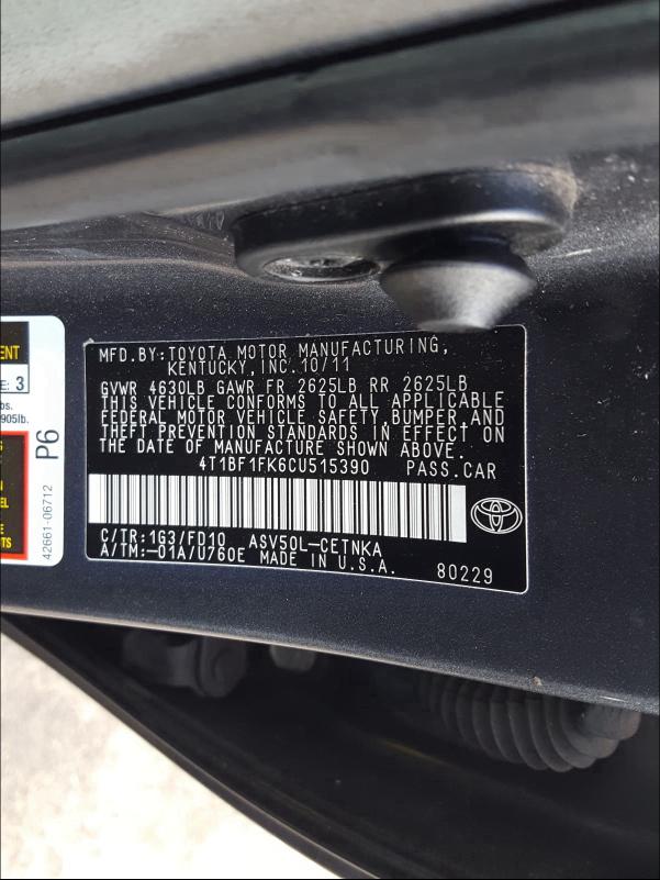 Photo 9 VIN: 4T1BF1FK6CU515390 - TOYOTA CAMRY BASE 