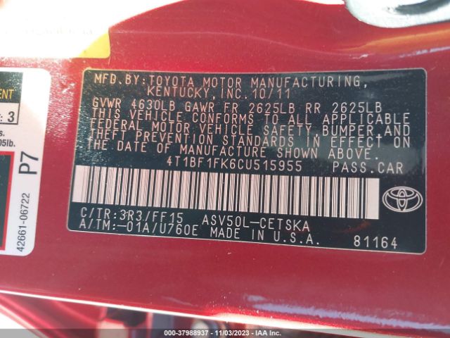 Photo 8 VIN: 4T1BF1FK6CU515955 - TOYOTA CAMRY BASE 