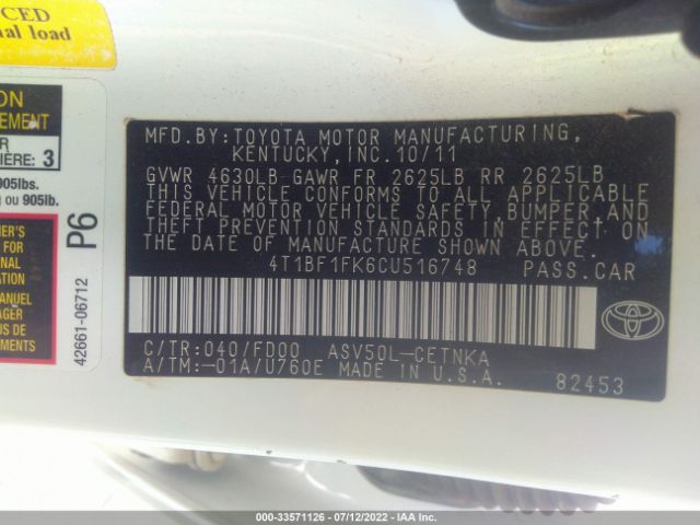 Photo 8 VIN: 4T1BF1FK6CU516748 - TOYOTA CAMRY 