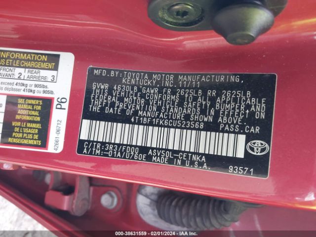 Photo 8 VIN: 4T1BF1FK6CU523568 - TOYOTA CAMRY 