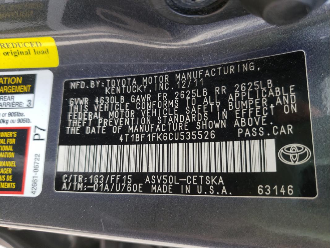 Photo 9 VIN: 4T1BF1FK6CU535526 - TOYOTA CAMRY BASE 