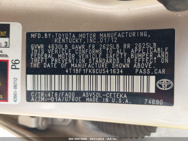 Photo 8 VIN: 4T1BF1FK6CU541634 - TOYOTA CAMRY 