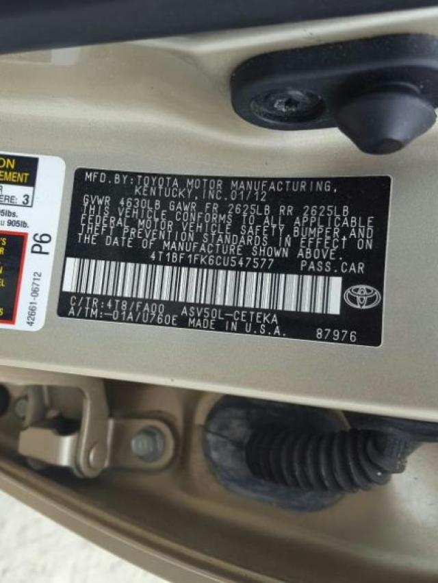 Photo 9 VIN: 4T1BF1FK6CU547577 - TOYOTA CAMRY BASE 