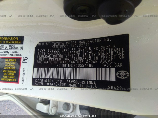 Photo 8 VIN: 4T1BF1FK6CU551466 - TOYOTA CAMRY 