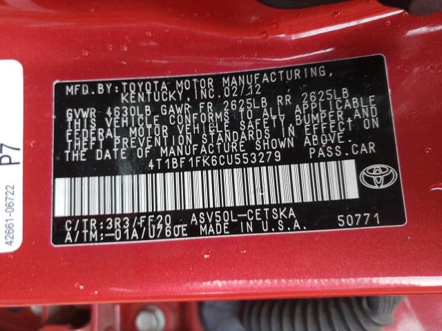 Photo 9 VIN: 4T1BF1FK6CU553279 - TOYOTA CAMRY BASE 