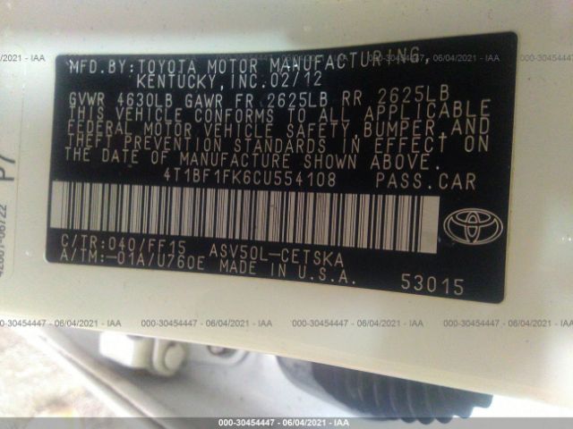 Photo 8 VIN: 4T1BF1FK6CU554108 - TOYOTA CAMRY 