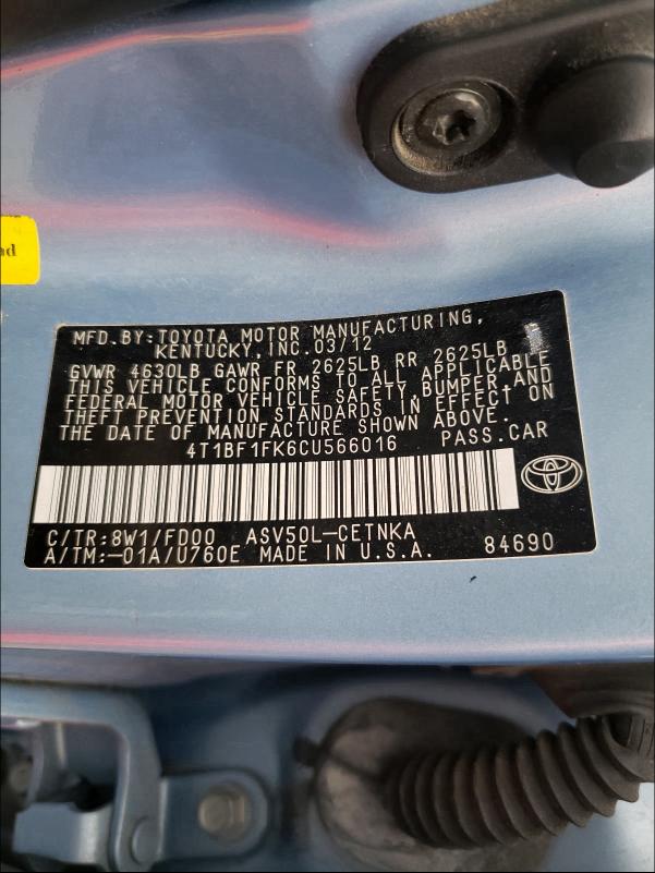 Photo 9 VIN: 4T1BF1FK6CU566016 - TOYOTA CAMRY BASE 