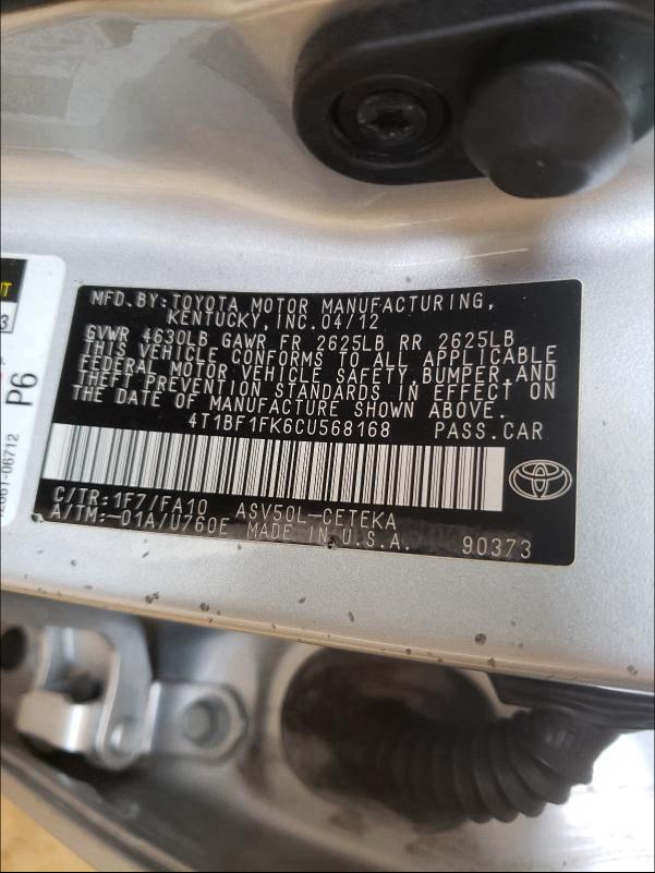 Photo 9 VIN: 4T1BF1FK6CU568168 - TOYOTA CAMRY BASE 