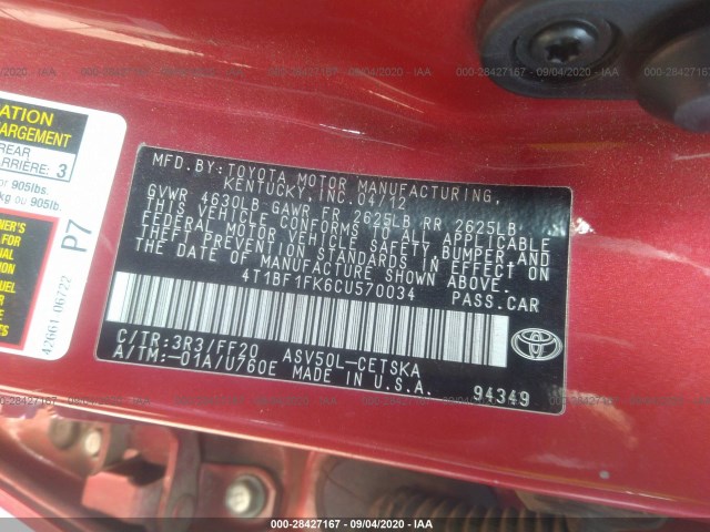 Photo 8 VIN: 4T1BF1FK6CU570034 - TOYOTA CAMRY 