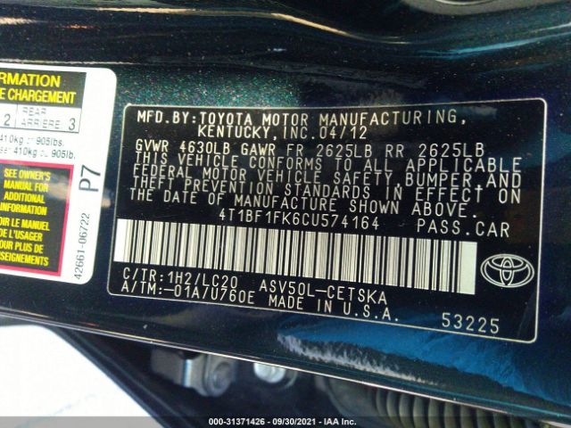 Photo 8 VIN: 4T1BF1FK6CU574164 - TOYOTA CAMRY 