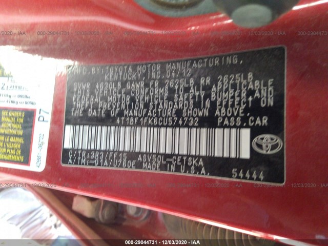 Photo 8 VIN: 4T1BF1FK6CU574732 - TOYOTA CAMRY 