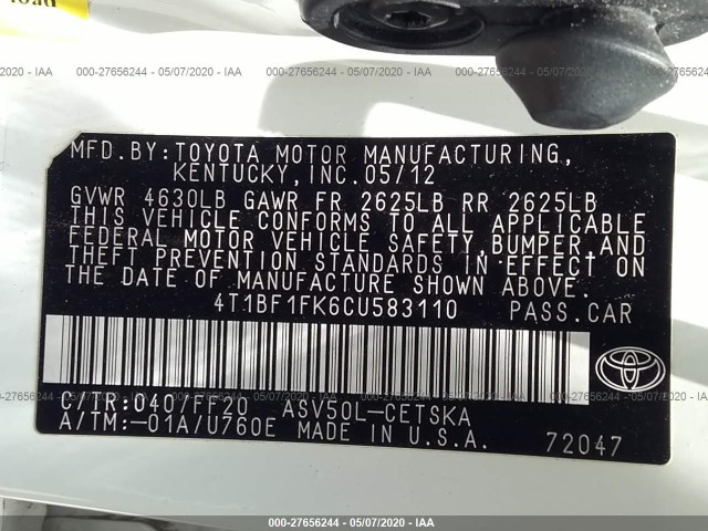 Photo 8 VIN: 4T1BF1FK6CU583110 - TOYOTA CAMRY 