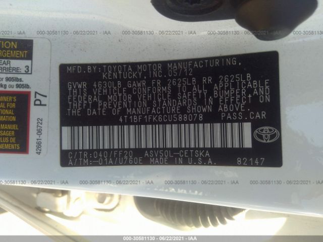 Photo 8 VIN: 4T1BF1FK6CU588078 - TOYOTA CAMRY 