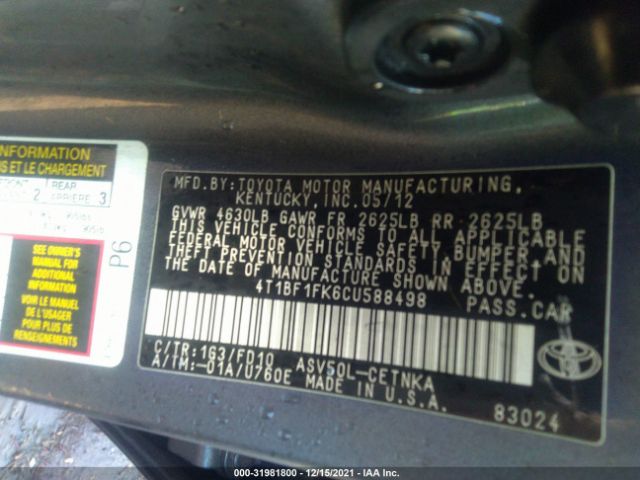 Photo 8 VIN: 4T1BF1FK6CU588498 - TOYOTA CAMRY 