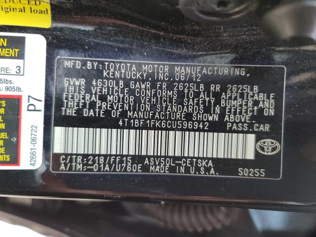 Photo 9 VIN: 4T1BF1FK6CU596942 - TOYOTA CAMRY BASE 