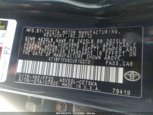 Photo 8 VIN: 4T1BF1FK6CU610273 - TOYOTA CAMRY 