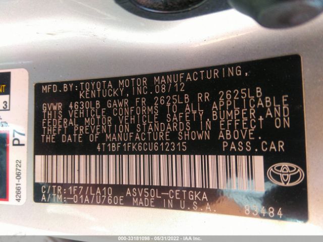 Photo 8 VIN: 4T1BF1FK6CU612315 - TOYOTA CAMRY 