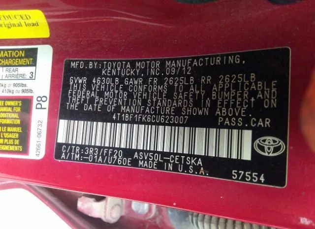 Photo 8 VIN: 4T1BF1FK6CU623007 - TOYOTA CAMRY 