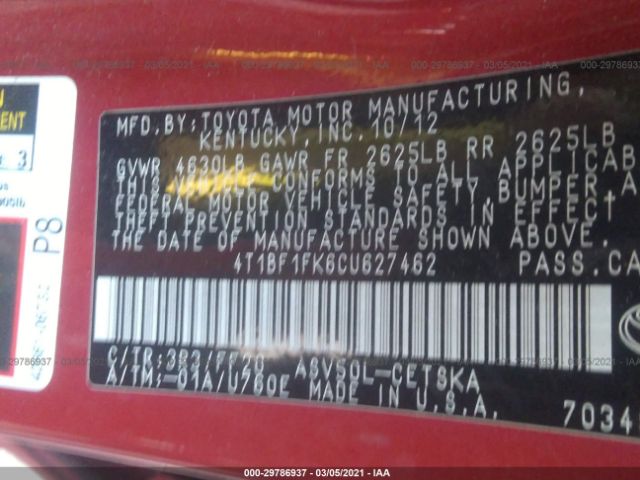 Photo 8 VIN: 4T1BF1FK6CU627462 - TOYOTA CAMRY 