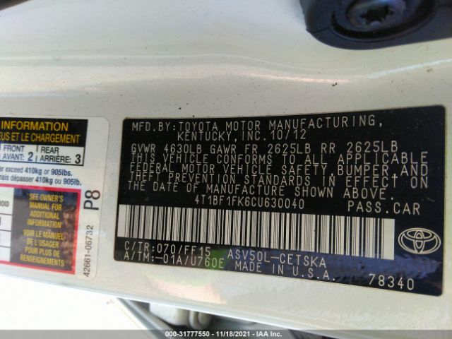 Photo 8 VIN: 4T1BF1FK6CU630040 - TOYOTA CAMRY 