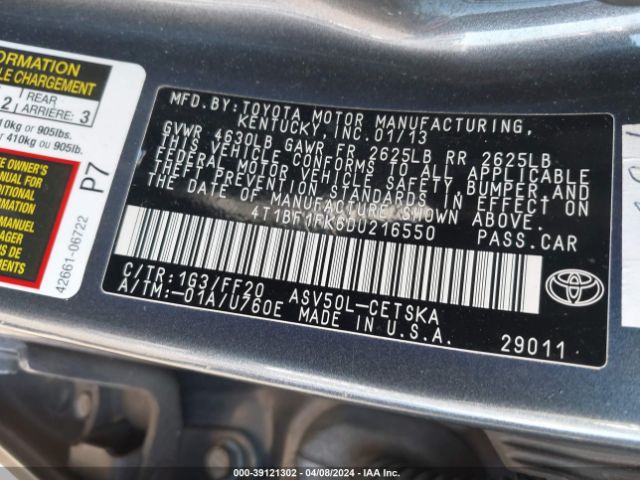 Photo 8 VIN: 4T1BF1FK6DU216550 - TOYOTA CAMRY 