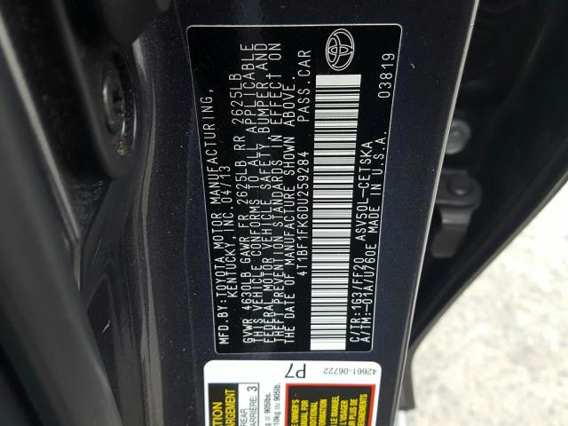 Photo 9 VIN: 4T1BF1FK6DU259284 - TOYOTA CAMRY L 