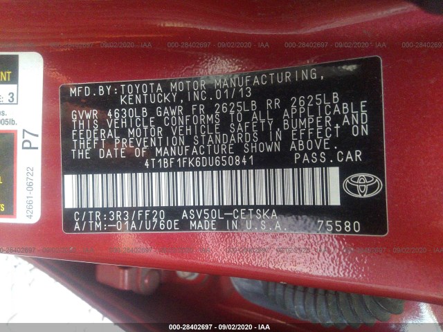 Photo 8 VIN: 4T1BF1FK6DU650841 - TOYOTA CAMRY 