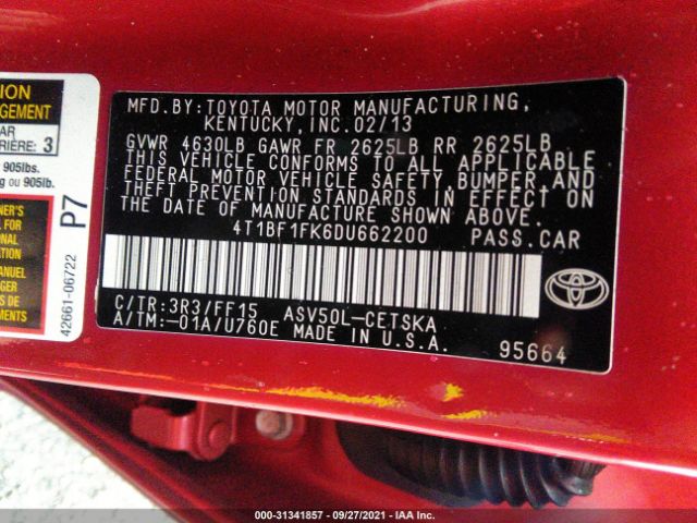 Photo 8 VIN: 4T1BF1FK6DU662200 - TOYOTA CAMRY 