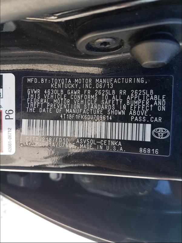 Photo 9 VIN: 4T1BF1FK6DU709614 - TOYOTA CAMRY L 