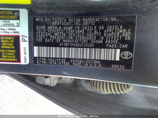 Photo 8 VIN: 4T1BF1FK6DU725392 - TOYOTA CAMRY 