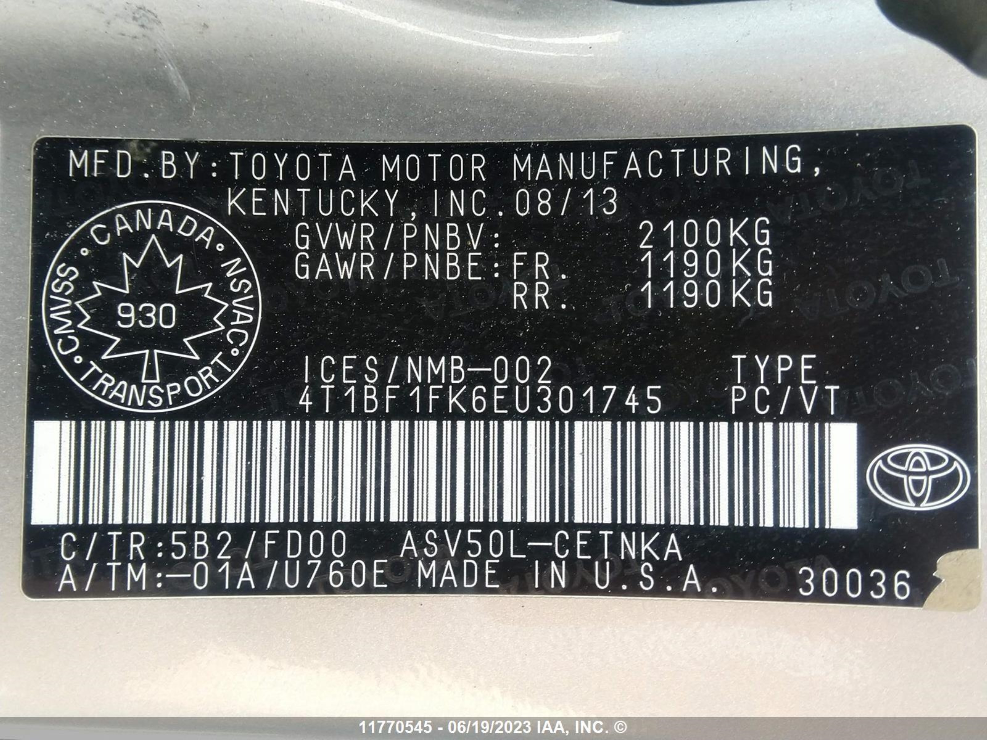 Photo 8 VIN: 4T1BF1FK6EU301745 - TOYOTA CAMRY 