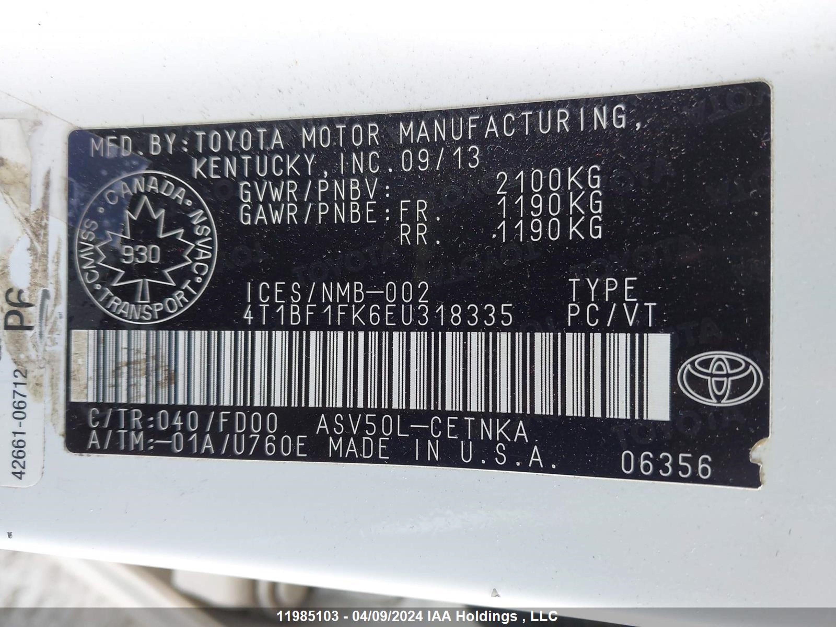 Photo 8 VIN: 4T1BF1FK6EU318335 - TOYOTA CAMRY 