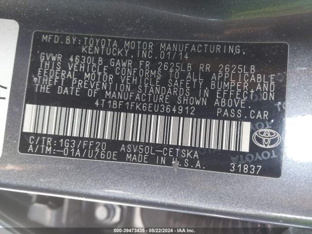 Photo 8 VIN: 4T1BF1FK6EU364912 - TOYOTA CAMRY 