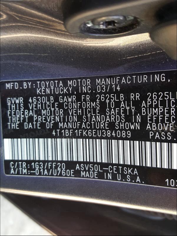 Photo 9 VIN: 4T1BF1FK6EU384089 - TOYOTA CAMRY L 