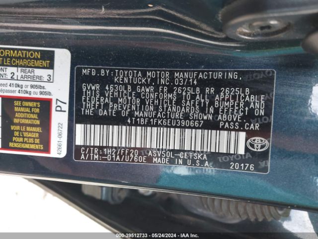 Photo 8 VIN: 4T1BF1FK6EU390667 - TOYOTA CAMRY 