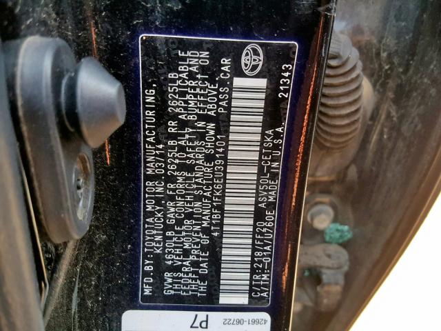 Photo 9 VIN: 4T1BF1FK6EU391401 - TOYOTA CAMRY L 