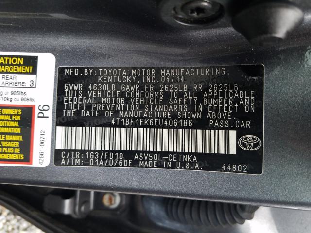 Photo 9 VIN: 4T1BF1FK6EU406186 - TOYOTA CAMRY L 